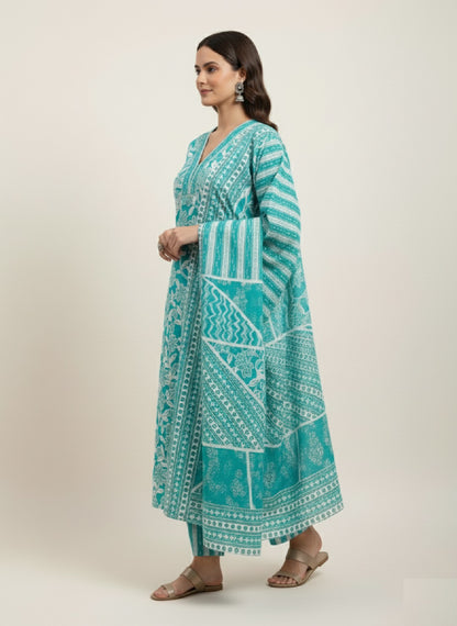 Teal Floral Printed Cotton Kurta with Pant & Dupatta