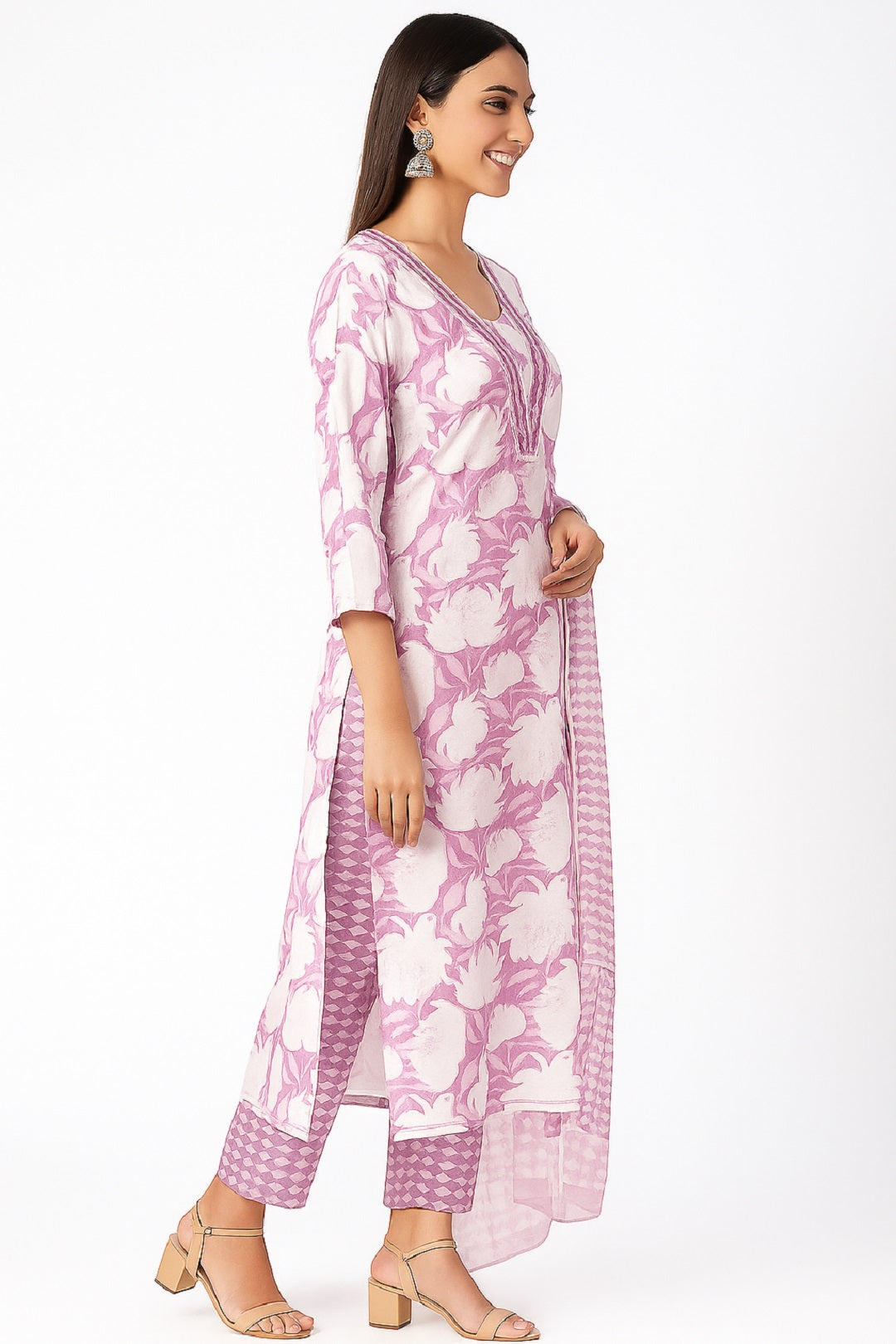 Purple Floral Printed Cotton Kurta with Pant & Dupatta