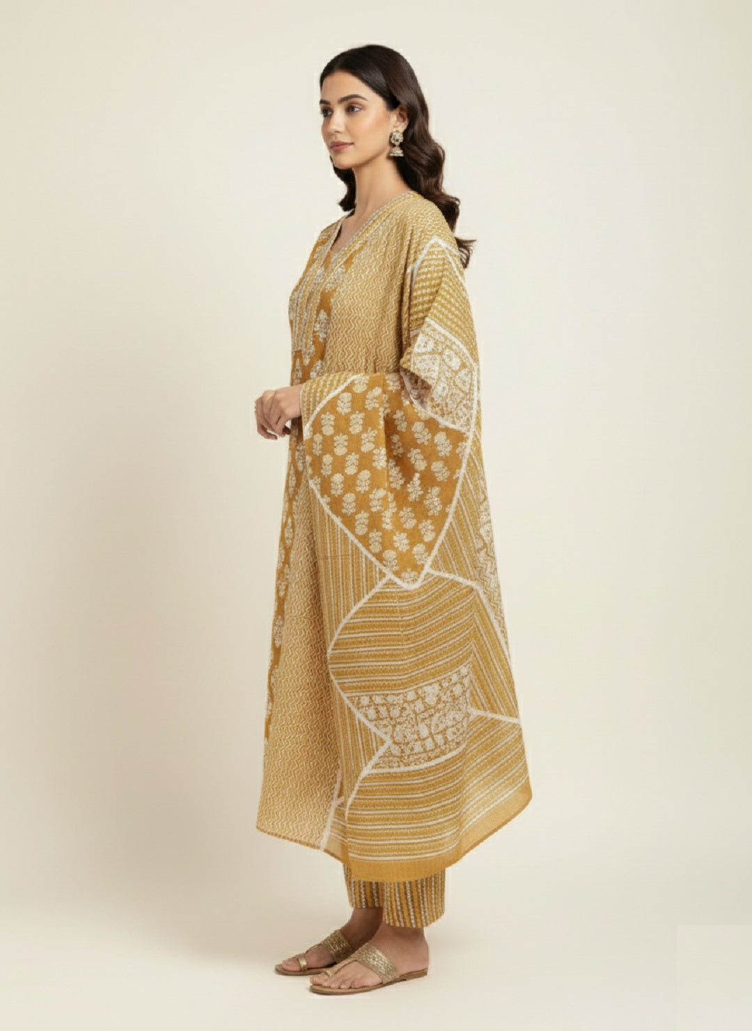 Brown Floral Printed Cotton Kurta with Pant & Dupatta