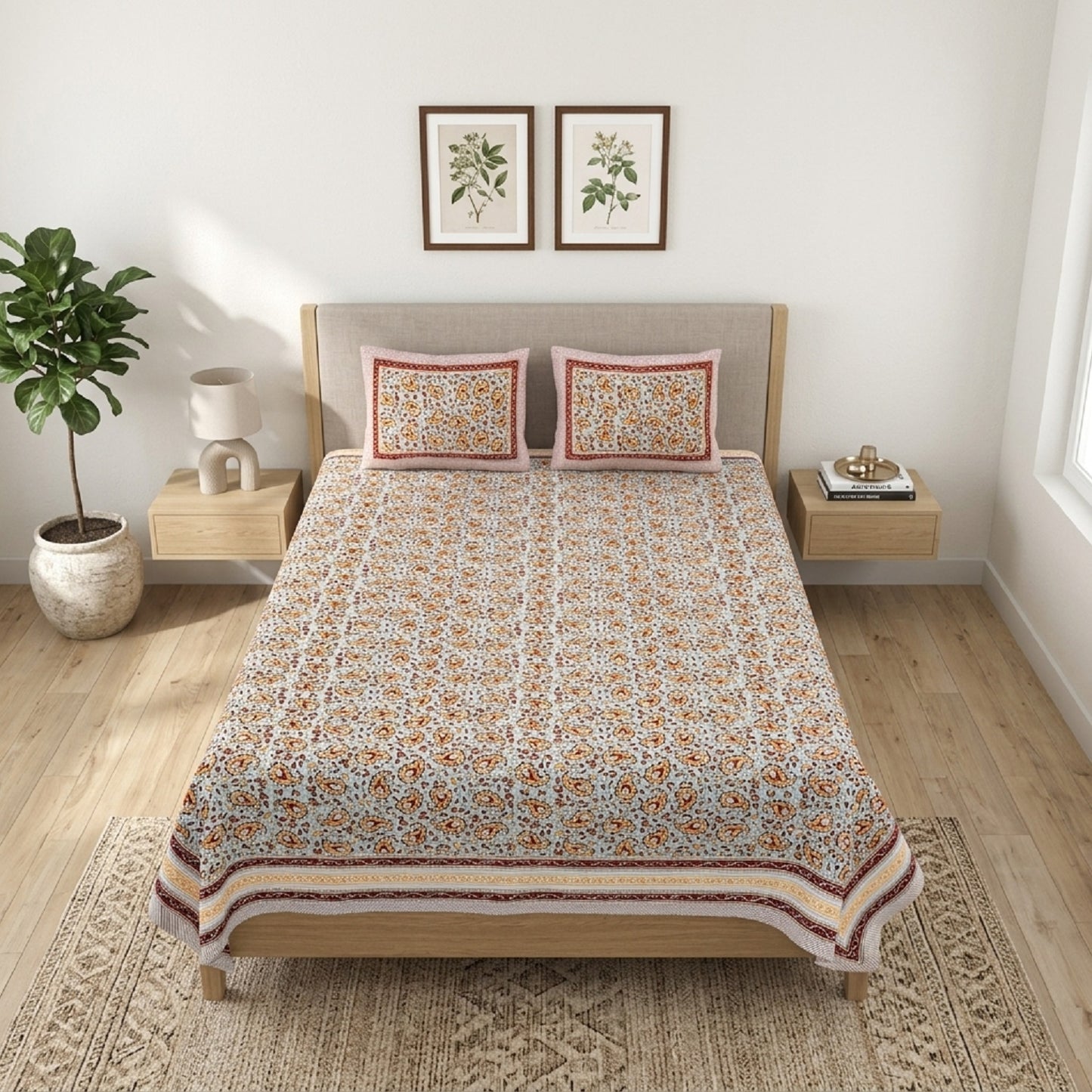 King Size 100% Cotton Double Bedsheet with 2 Pillow Covers