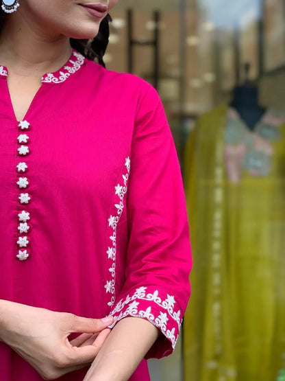 Embroidered Pure Cotton Kurta with Trousers & Dupatta
