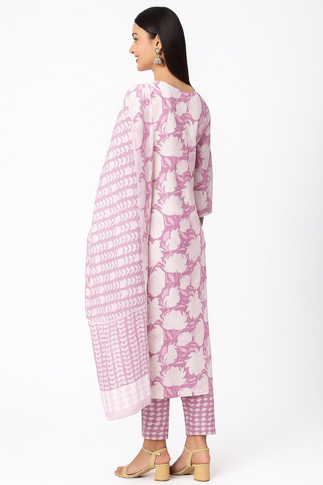 Purple Floral Printed Cotton Kurta with Pant & Dupatta