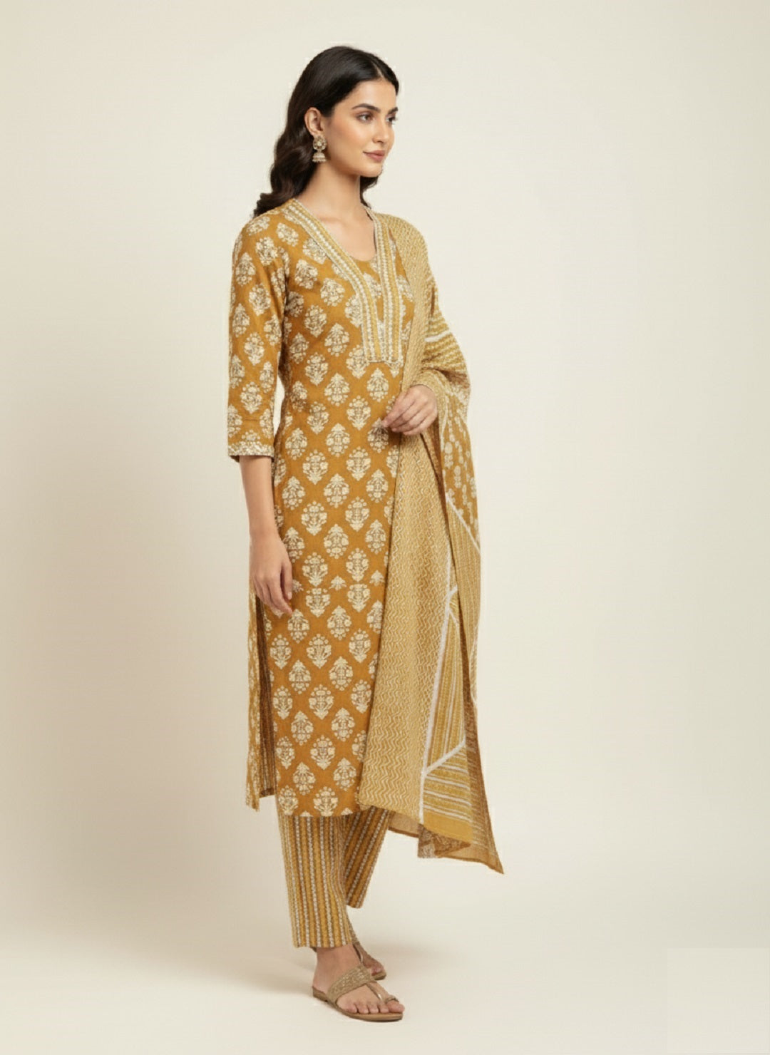 Brown Floral Printed Cotton Kurta with Pant & Dupatta