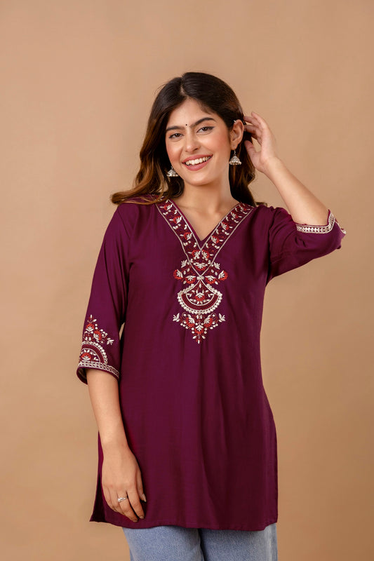 Maroon Embroidered Ethnic Top