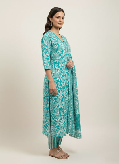 Teal Floral Printed Cotton Kurta with Pant & Dupatta