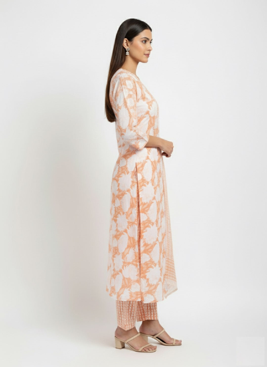 Orange Floral Printed Cotton Kurta with Pant & Dupatta