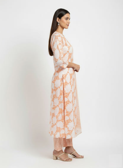 Orange Floral Printed Cotton Kurta with Pant & Dupatta