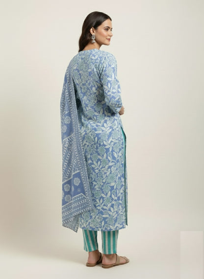 Blue Floral Printed Cotton Kurta with Pant & Dupatta