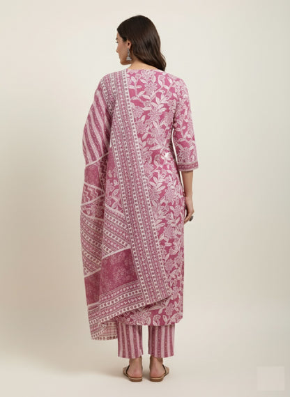 Maroon Floral Printed Cotton Kurta with Pant & Dupatta