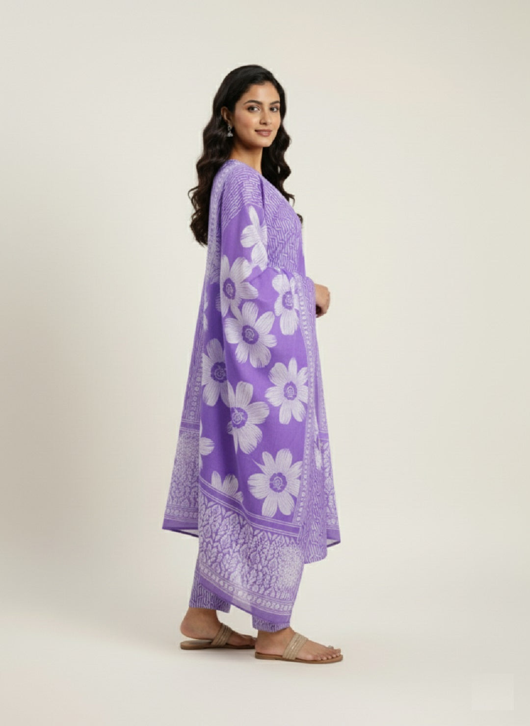 Dark Purple Floral Printed Cotton Kurta with Pant & Dupatta