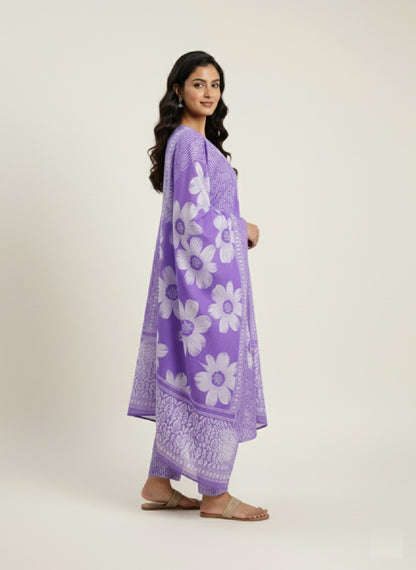 Dark Purple Floral Printed Cotton Kurta with Pant & Dupatta