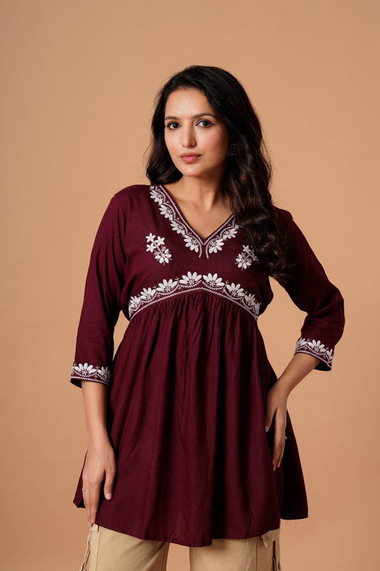 Maroon Embroidered Empire Top