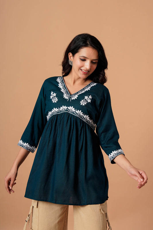 Teal Embroidered Empire Top