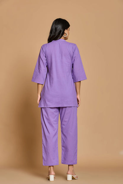 Blue Mandarin Collar Pure Cotton Cord Set