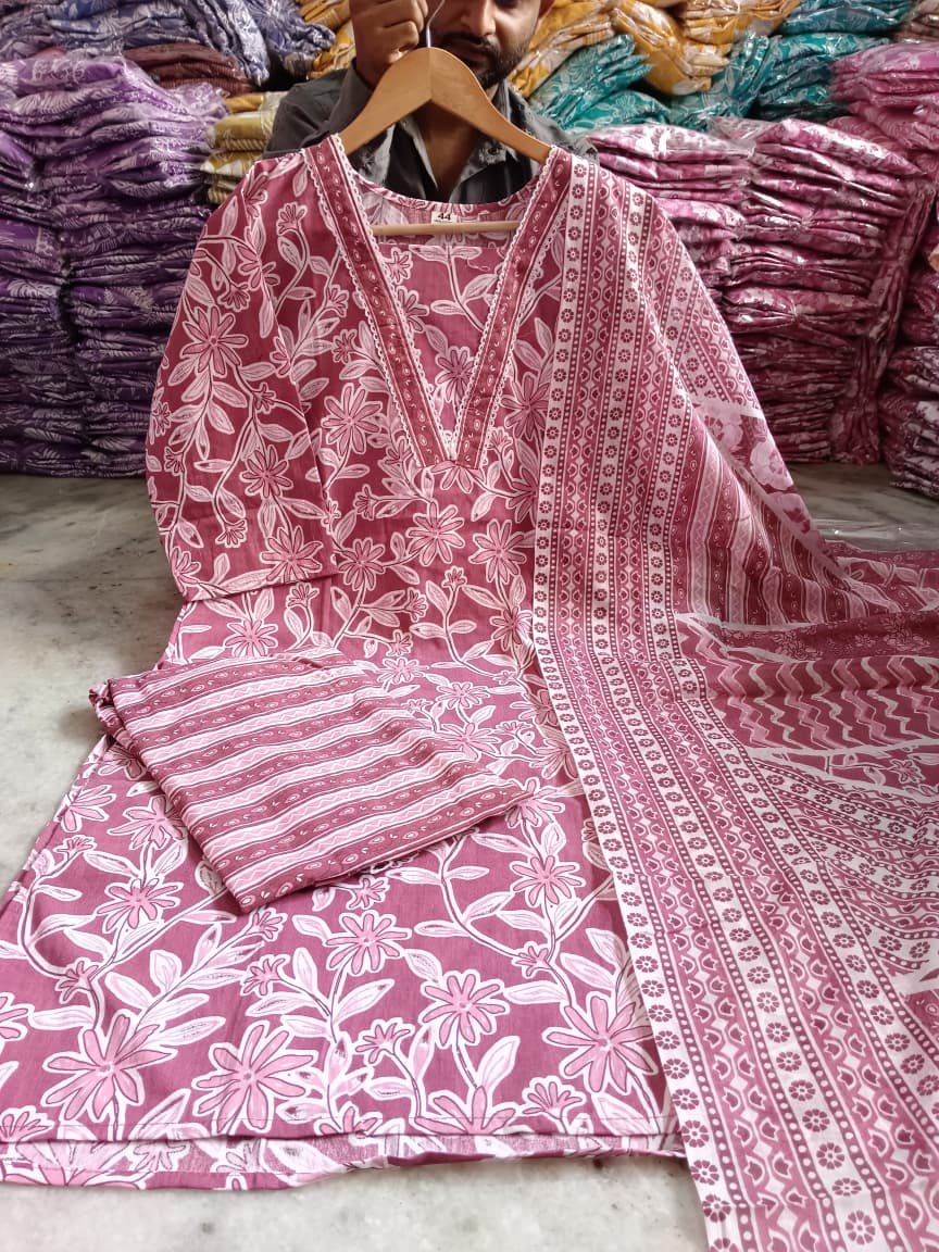 Maroon Floral Printed Cotton Kurta with Pant & Dupatta