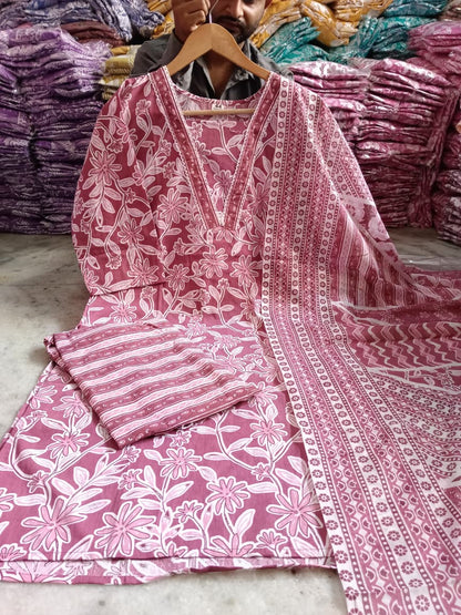 Maroon Floral Printed Cotton Kurta with Pant & Dupatta