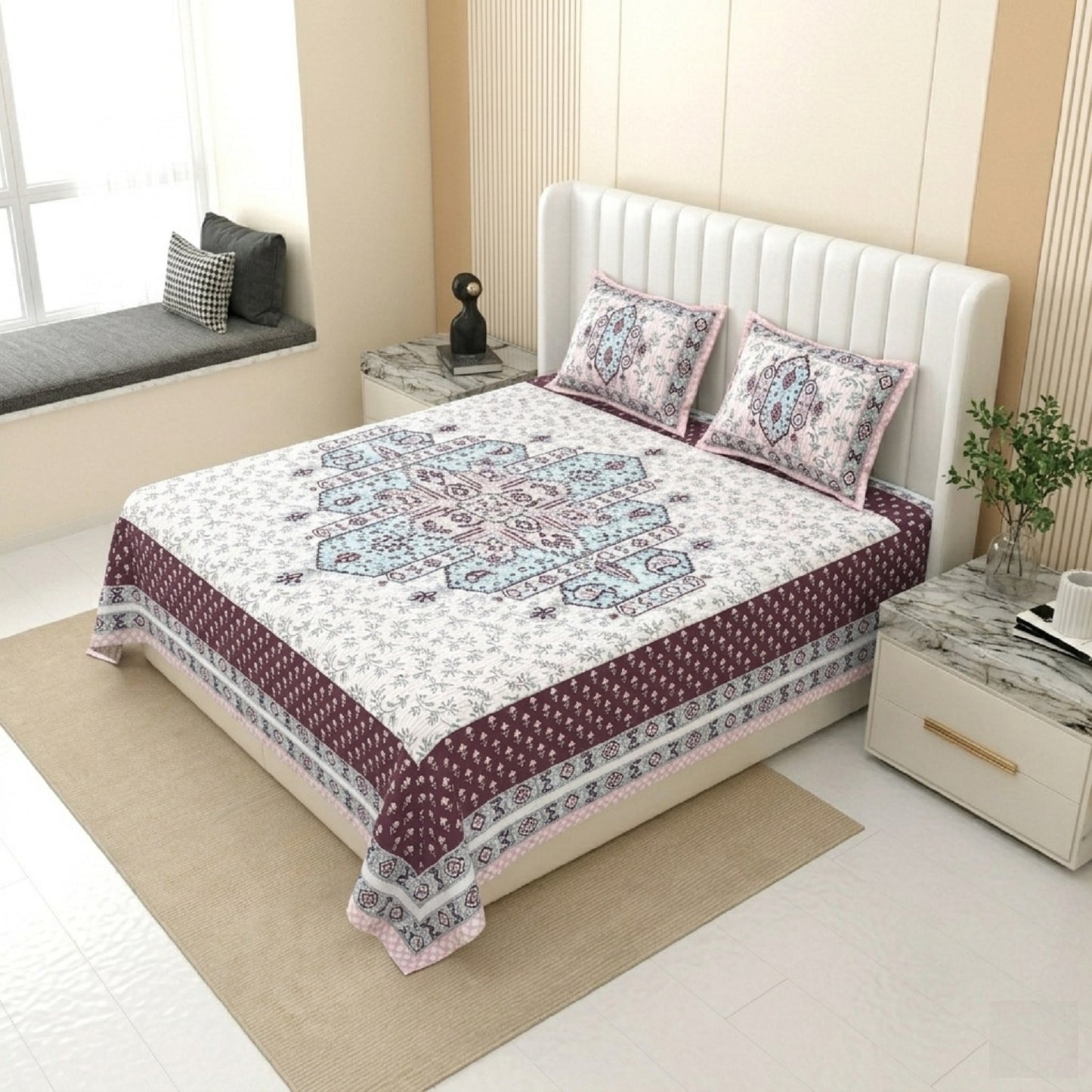 King Size 100% Cotton Double Bedsheet with 2 Pillow Covers
