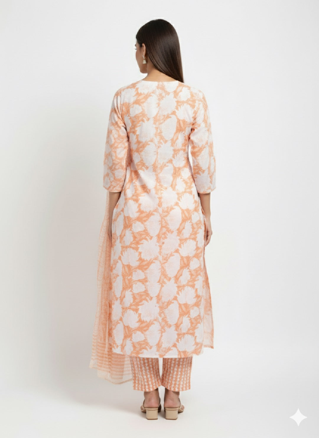 Orange Floral Printed Cotton Kurta with Pant & Dupatta