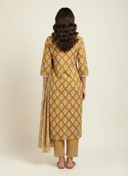 Brown Floral Printed Cotton Kurta with Pant & Dupatta