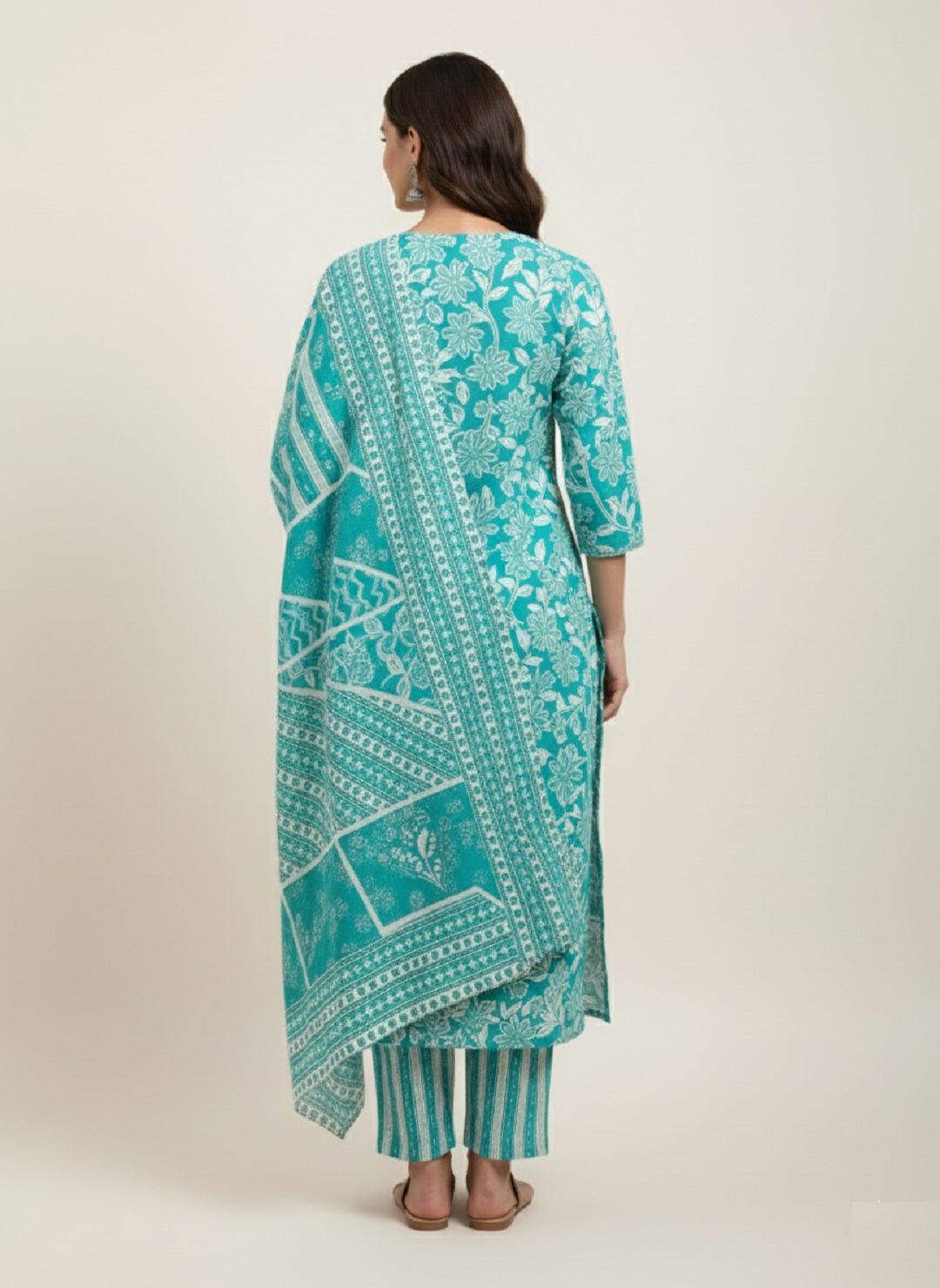 Teal Floral Printed Cotton Kurta with Pant & Dupatta