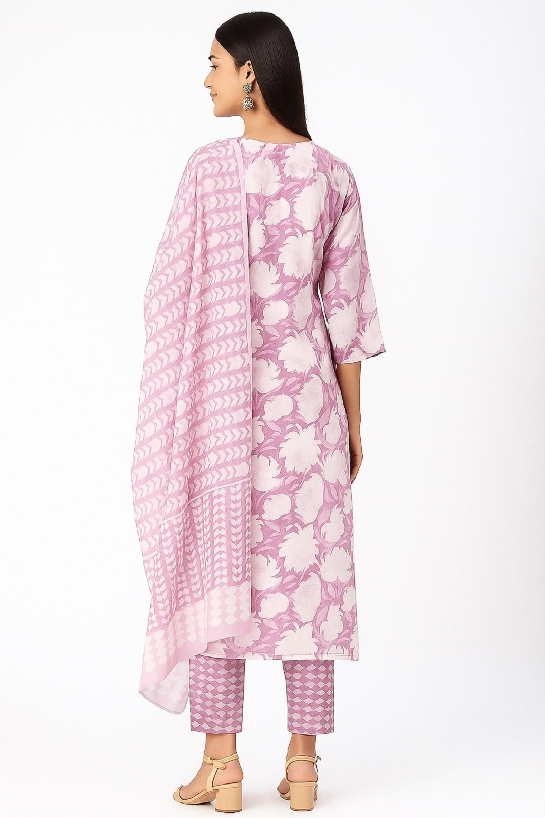 Purple Floral Printed Cotton Kurta with Pant & Dupatta