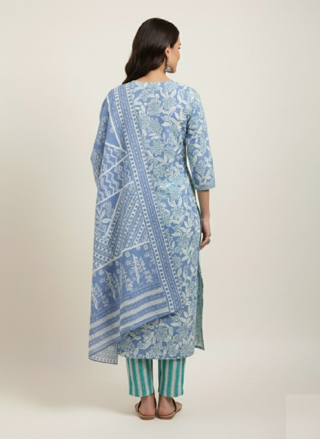 Blue Floral Printed Cotton Kurta with Pant & Dupatta