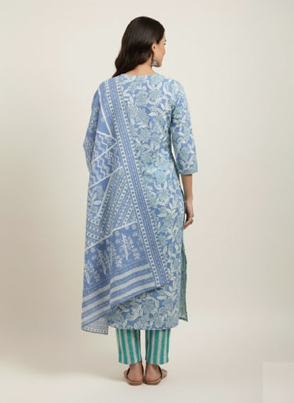 Blue Floral Printed Cotton Kurta with Pant & Dupatta