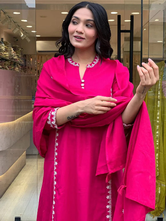 Embroidered Pure Cotton Kurta with Trousers & Dupatta
