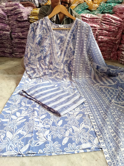 Blue Floral Printed Cotton Kurta with Pant & Dupatta