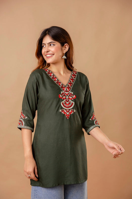 Green Embroidered Ethnic Top