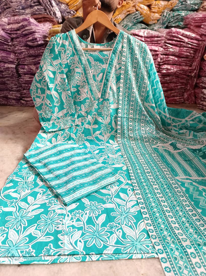 Teal Floral Printed Cotton Kurta with Pant & Dupatta