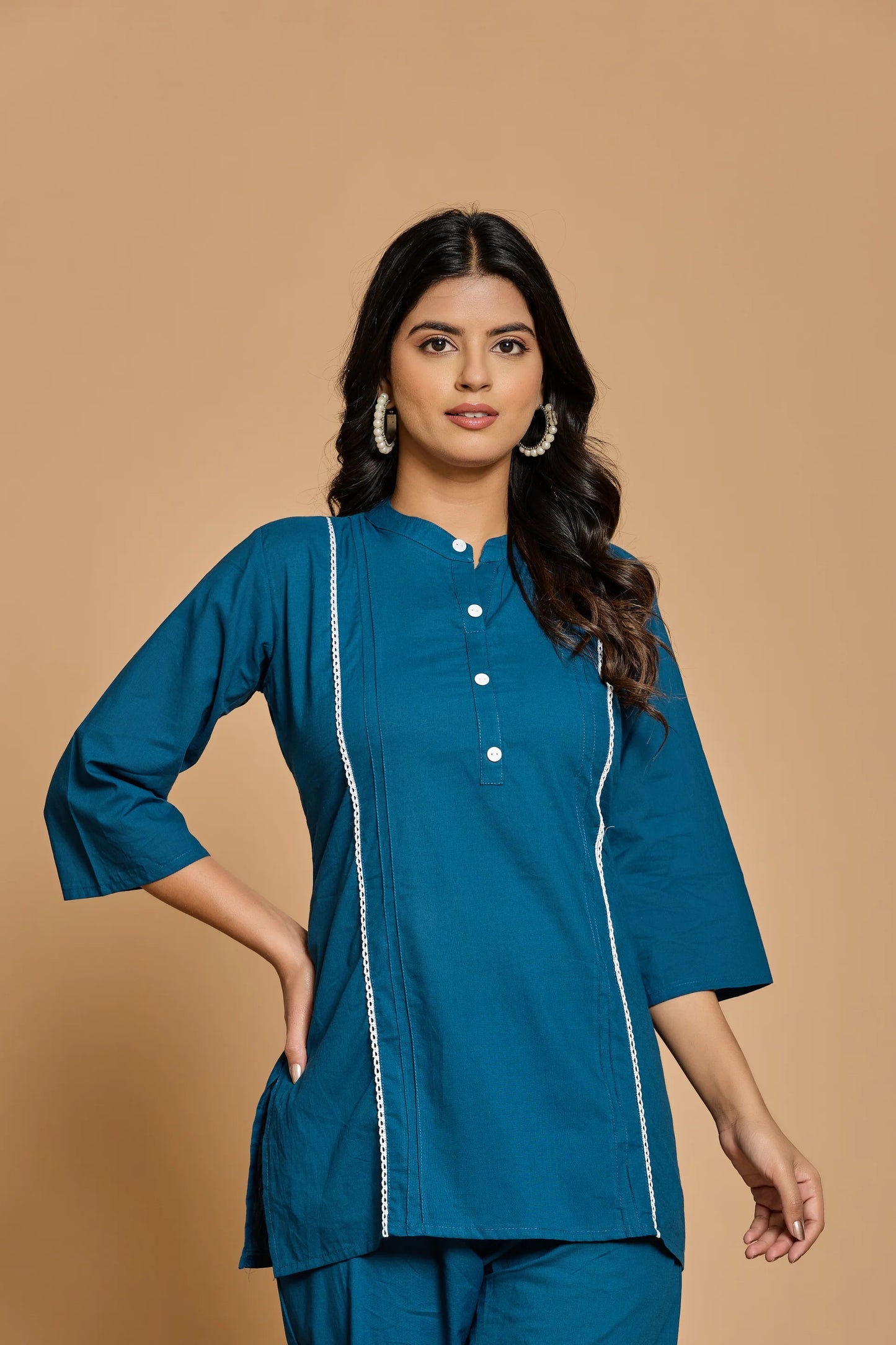 Blue Mandarin Collar Pure Cotton Cord Set