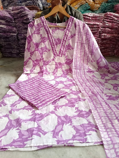 Purple Floral Printed Cotton Kurta with Pant & Dupatta