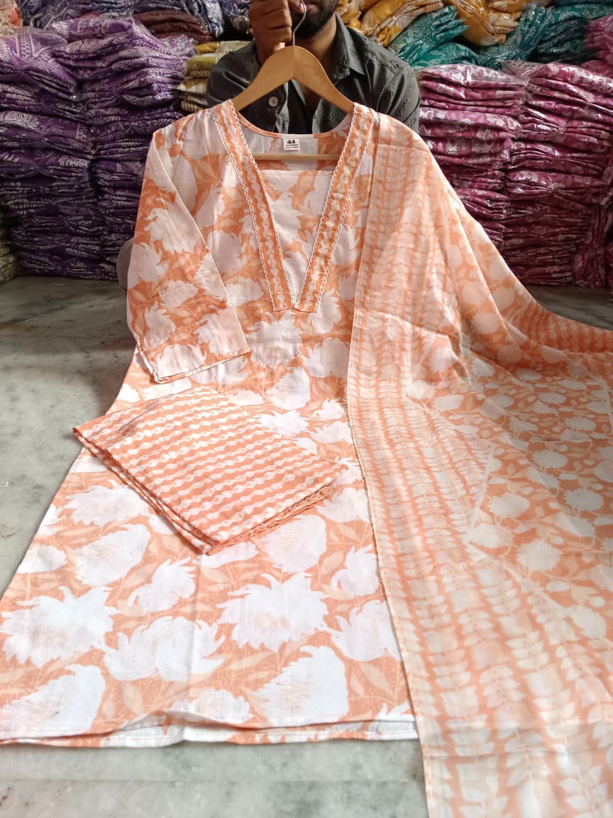 Orange Floral Printed Cotton Kurta with Pant & Dupatta