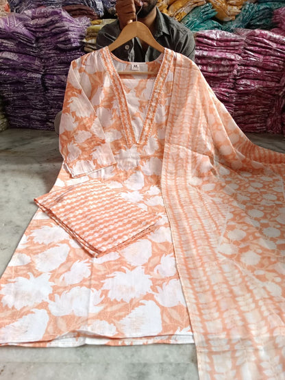 Orange Floral Printed Cotton Kurta with Pant & Dupatta