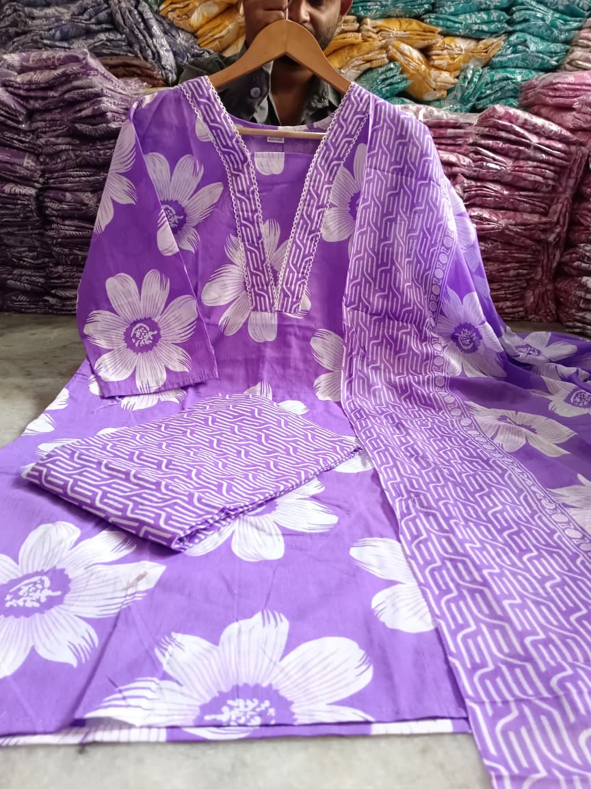 Dark Purple Floral Printed Cotton Kurta with Pant & Dupatta