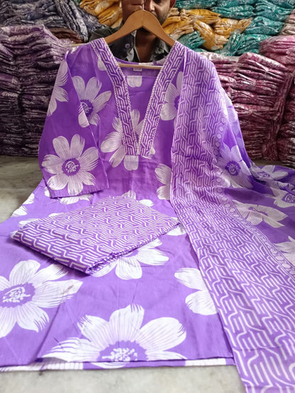 Dark Purple Floral Printed Cotton Kurta with Pant & Dupatta