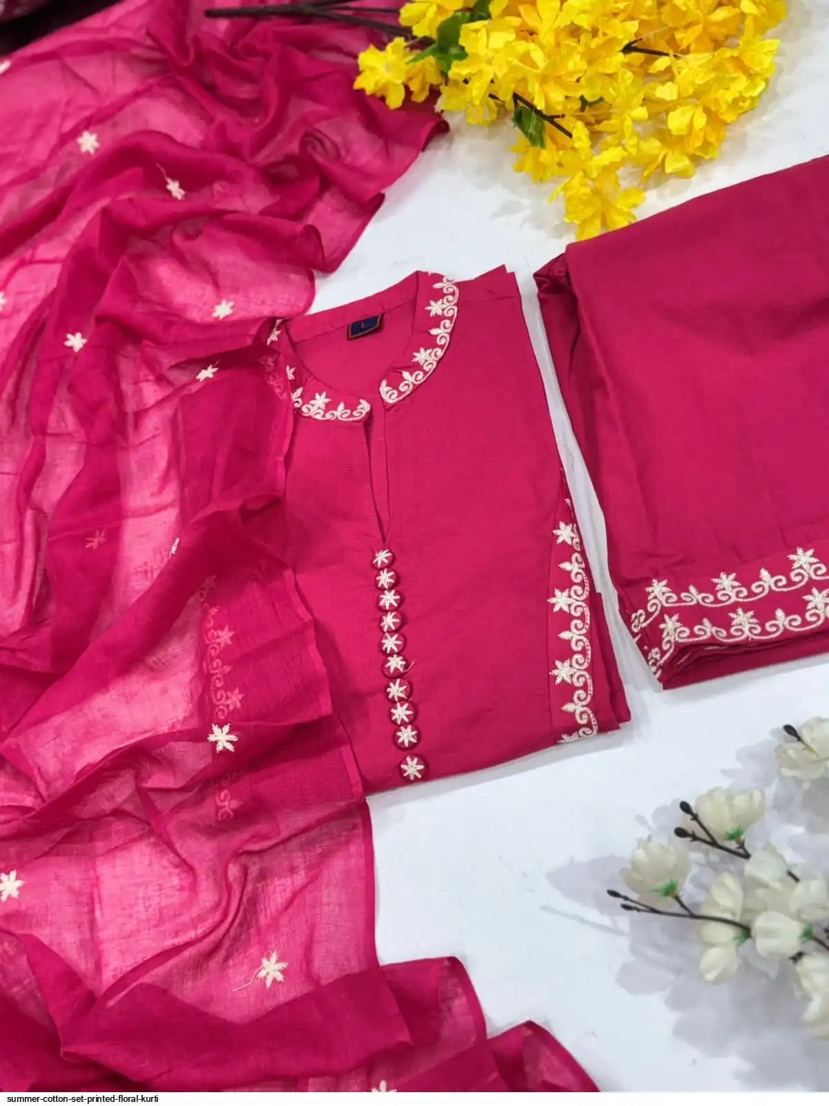 Embroidered Pure Cotton Kurta with Trousers & Dupatta