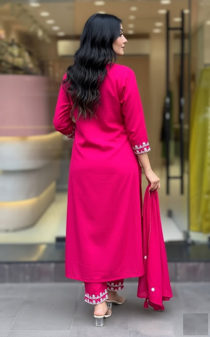 Embroidered Pure Cotton Kurta with Trousers & Dupatta