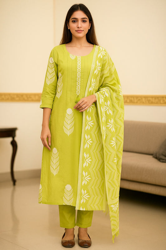 Green Embroidered Cotton Kurta with Trousers & Dupatta