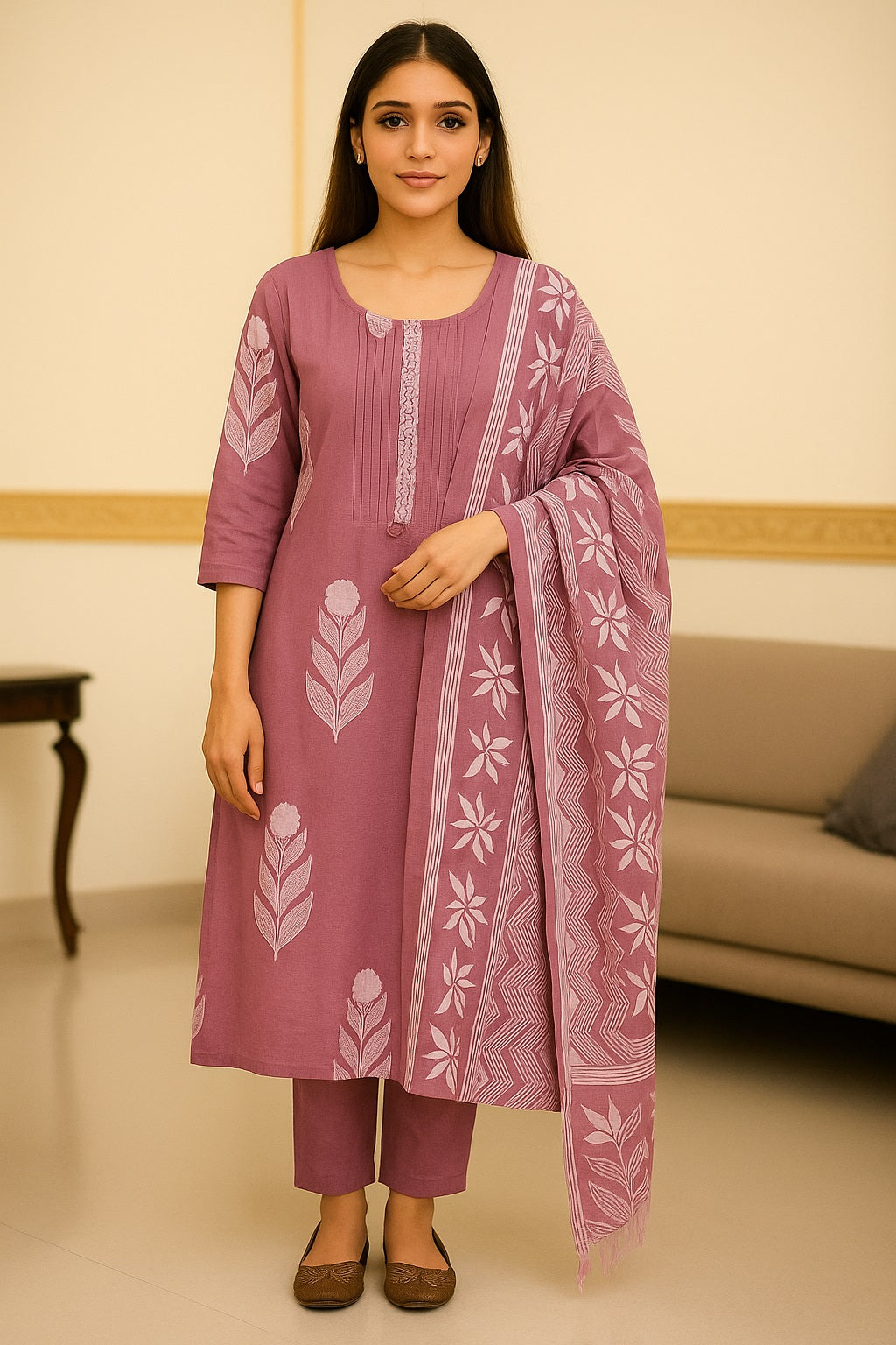 Green Embroidered Cotton Kurta with Trousers & Dupatta