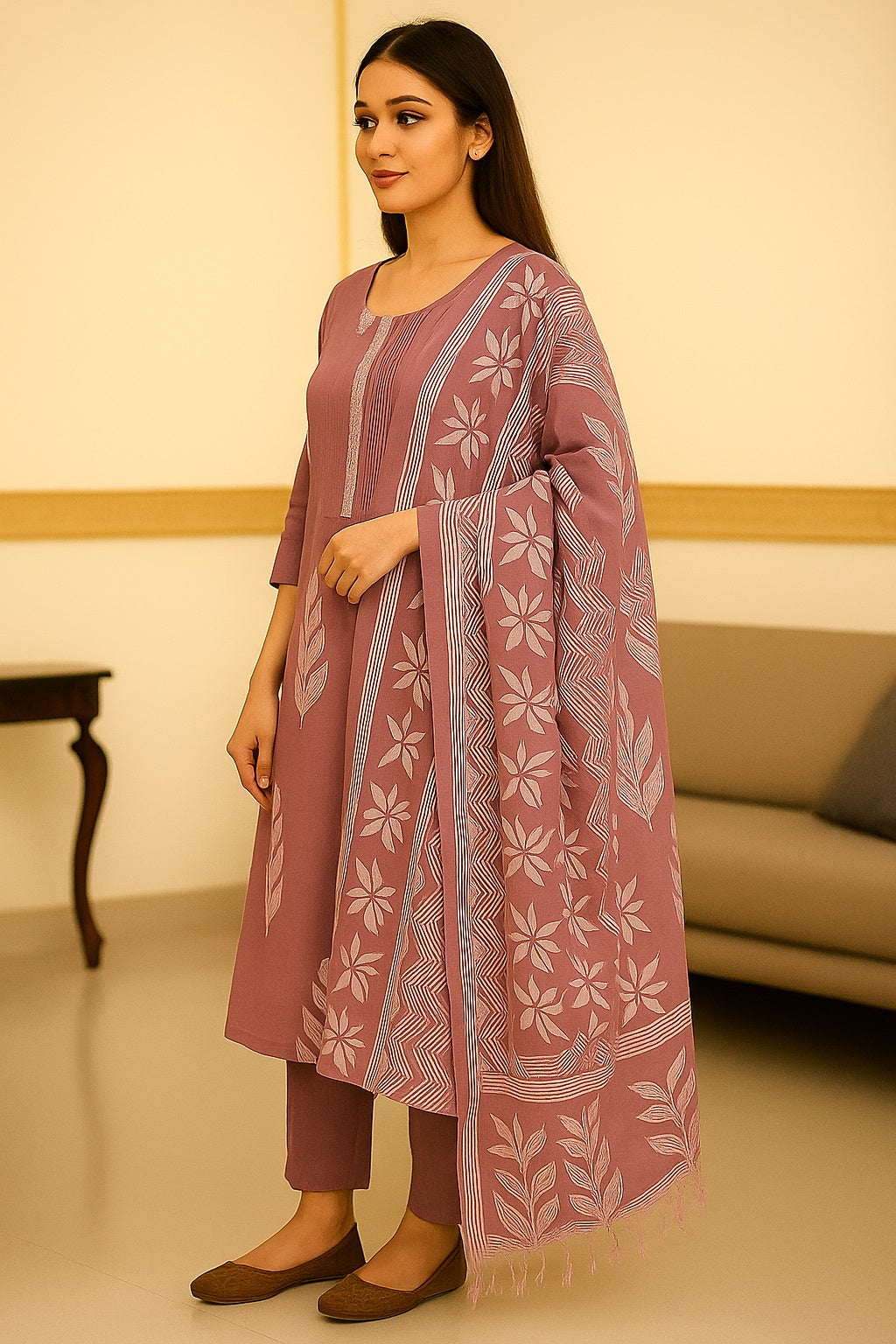 Green Embroidered Cotton Kurta with Trousers & Dupatta