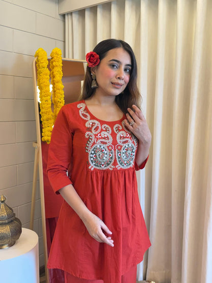 Orange Embroidered Round Neck Festive Cord Sets