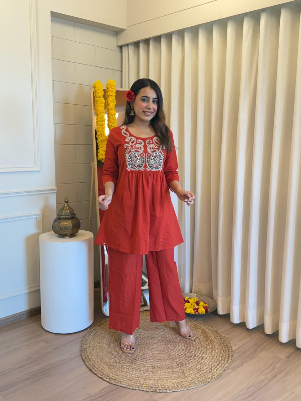 Orange Embroidered Round Neck Festive Cord Sets