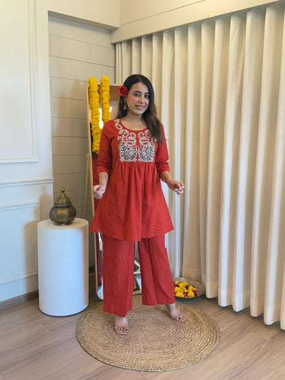 Orange Embroidered Round Neck Festive Cord Sets