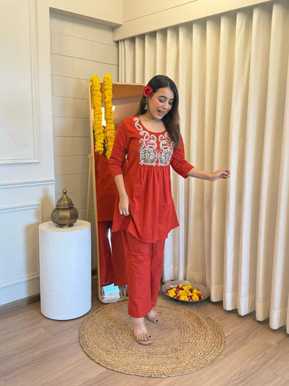 Orange Embroidered Round Neck Festive Cord Sets