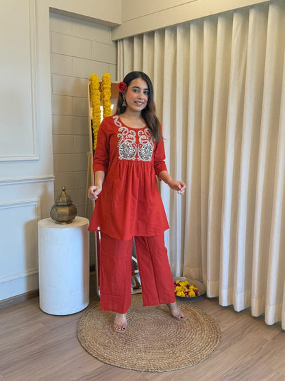 Orange Embroidered Round Neck Festive Cord Sets