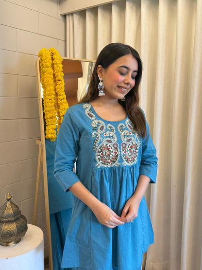 Light Blue Embroidered Round Neck Festive Cord Sets