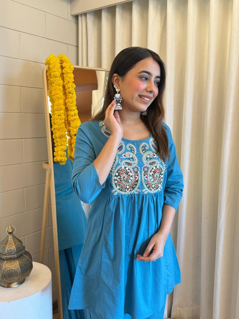 Light Blue Embroidered Round Neck Festive Cord Sets
