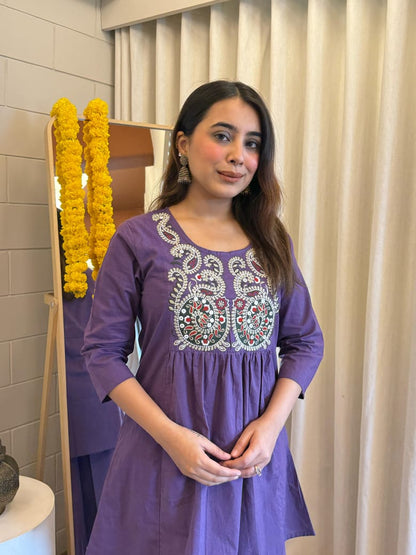 Purple Embroidered Round Neck Festive Cord Set